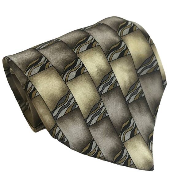 The Grateful Dead Vintage 1996 River Road Ninth Set Gray Tan Geometric Silk Tie - Picture 1 of 7